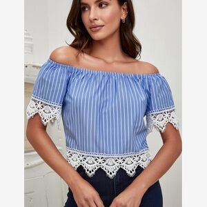 STREETWEAR SOCIETY Striped Off The Shoulder Lace Hem Top